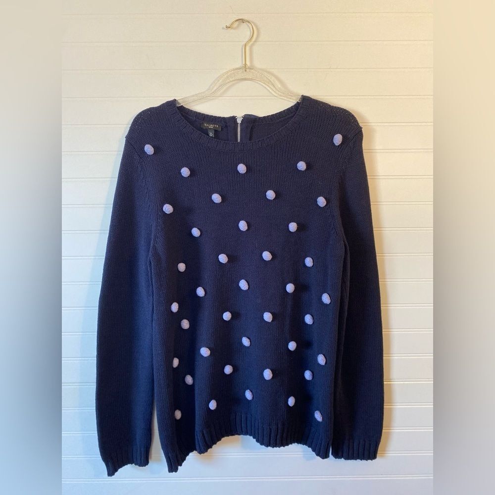 Talbots Navy Blue Knit Appliqué Polkadot Sweater Size Large Petite Cotton Blend